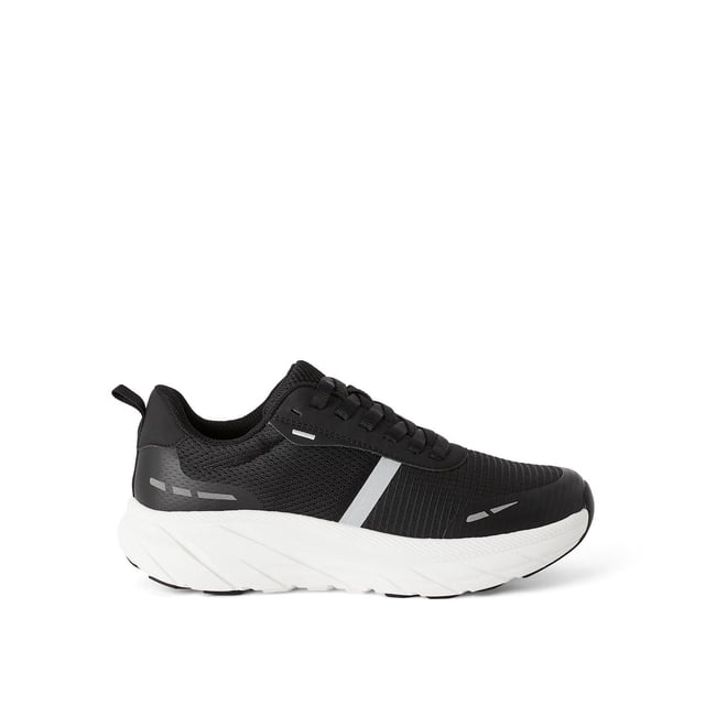 Athletic Works Espadrilles de Performance pour Femmes en Noir avec Empeigne en Maille et Similicuir, Bout Rond, Fermeture à Lacets, Semelle Épaisse en Synthétique Blanche et Caoutchouc, et Boucle à Tirer au Talon, Convenant aux Tenues Actives et aux Sorties Décontractées.