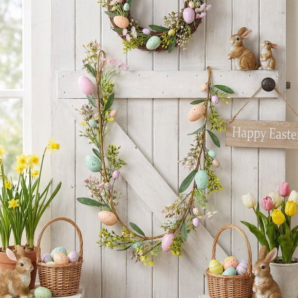 Colorful Easter Wreath Spring Vines Garland With Faux Eggs And Butterflies Artificial Floral Hanging Decoration For HomeTable Centerpiece Seasonals Wall Decor
