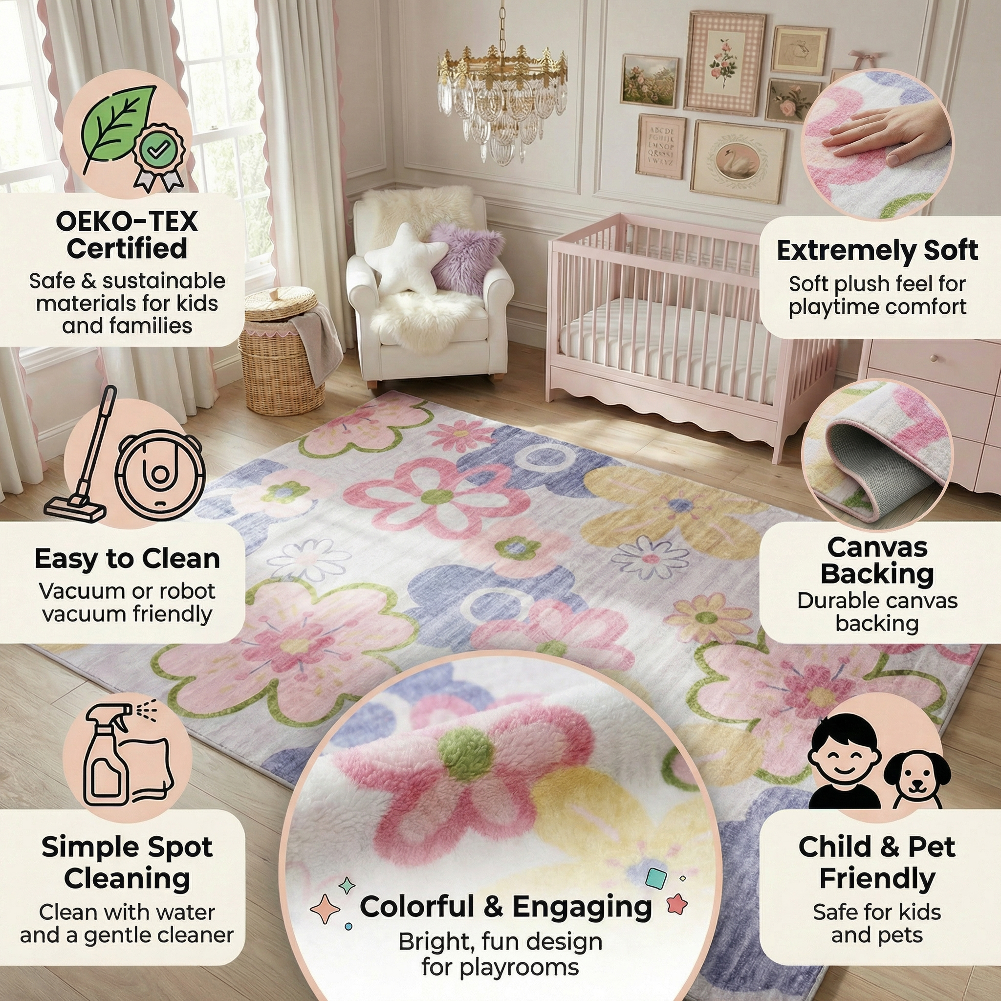 Rug Branch Soft Steps Playtime Fun Floral Soft Area Rug, Pink Purple - Boys & Girls in Playroom, Nursery, Bedroom