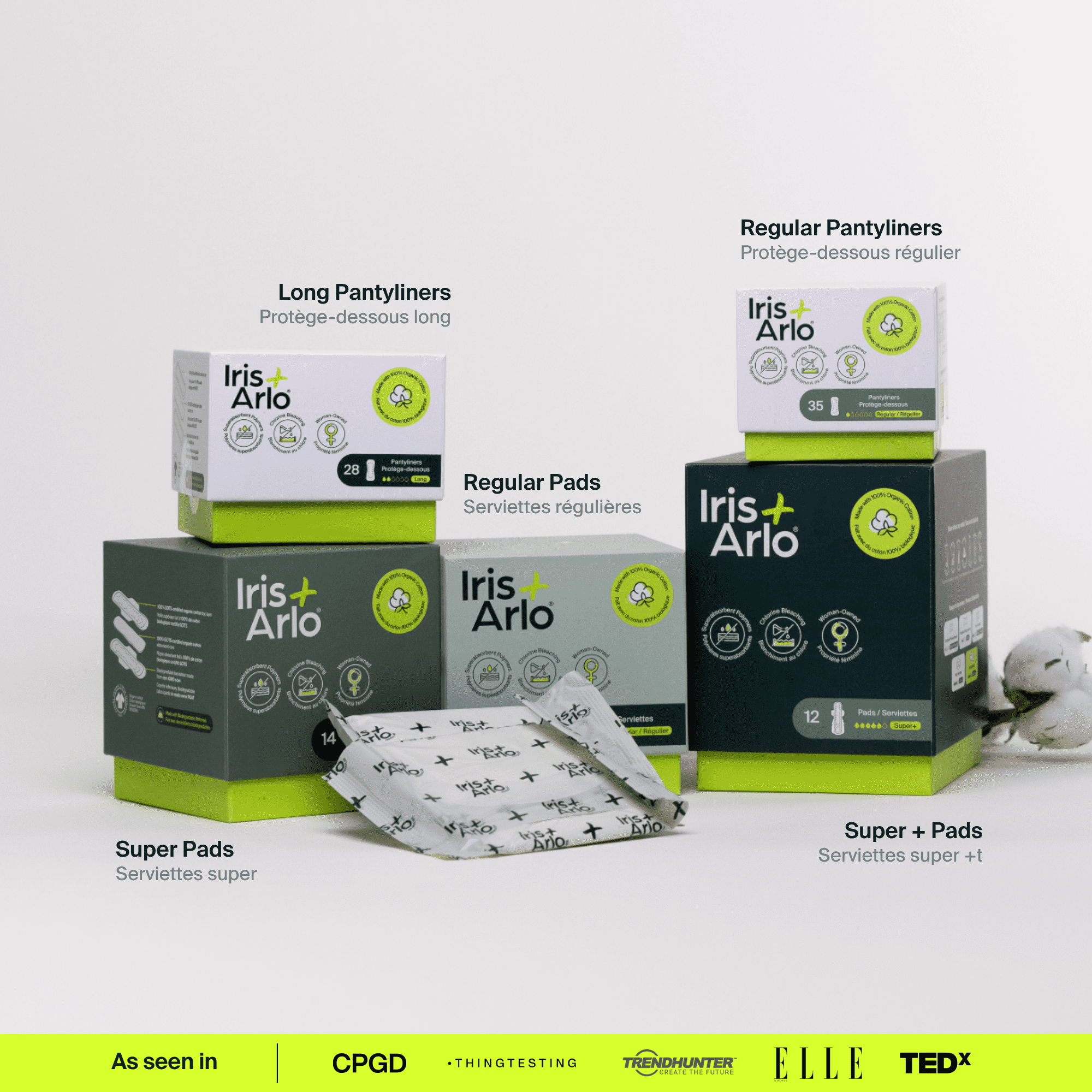 Iris + Arlo Organic Pads with Wings, Super +, 100% Cotton, Chemical-Free, Non-toxic, No plastic (12 Count)