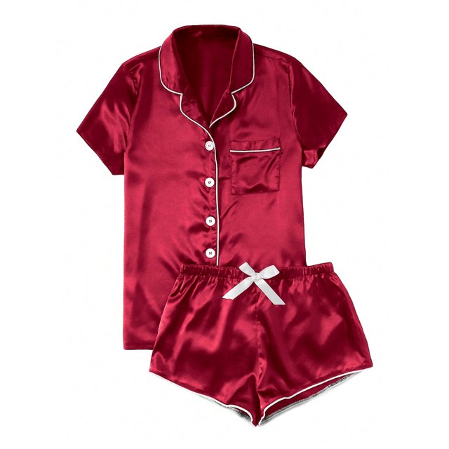 Women's Satin Casual Home Button Pajama Set in hot pink, size small. This women's sleepwear set includes a short-sleeve button-up top with white piping accents and a chest pocket, paired with matching shorts featuring a white ribbon detail at the waistband. Made from 95% polyester and 5% spandex for a soft and smooth texture.