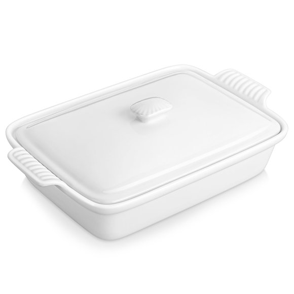 MALACASA 3.4 Quart Baking Dish With Lid, Porcelain Casserole dish with Lid, 13 x 9 Lasagna Pan Deep with Lid, Rectangular Bakeware With Handle, Microwave, Oven Safe, Whi