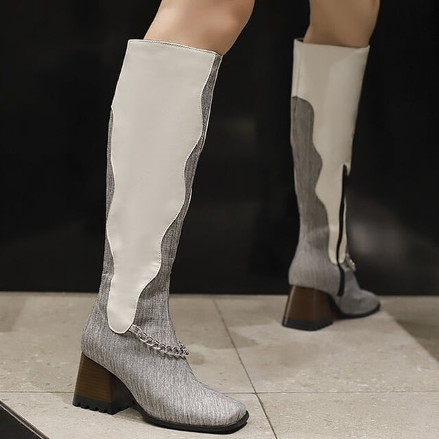EGNMCR Knee High Boots Oversized Women's Fall/Winter Velvet Lining Color Matching Rectangle Toe Thick High Heels Long Chain Boots