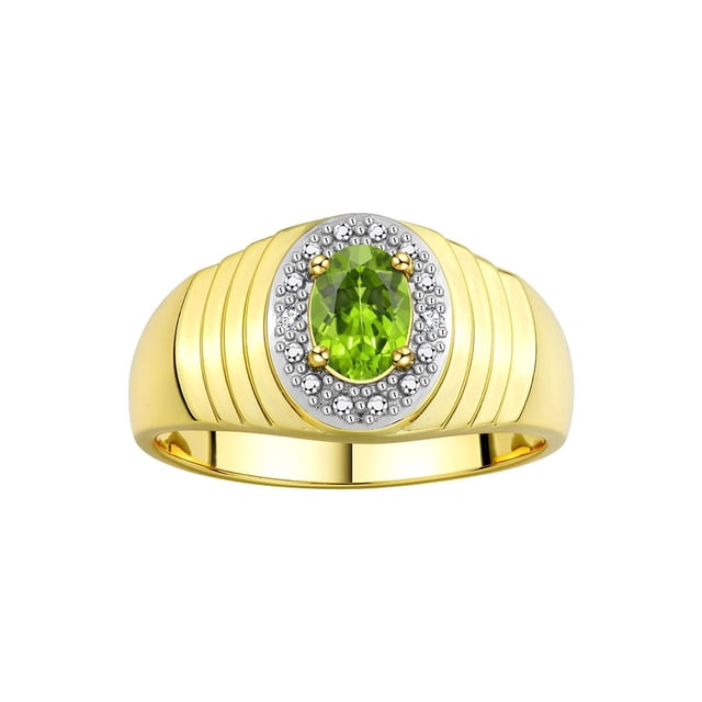 RYLOS Men's Rings 14K Yellow Gold Classic Halo Of Diamonds 7X5MM Oval Gemstone Ring Peridot August Birthstone Rings For Men Size 10