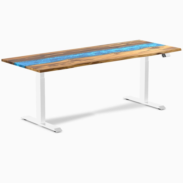 Desky Bureau Assis-Debout en Bois Dur à Résine Double - Rivière Bleue en Teck / 80 x 30 Pouces / Blanc