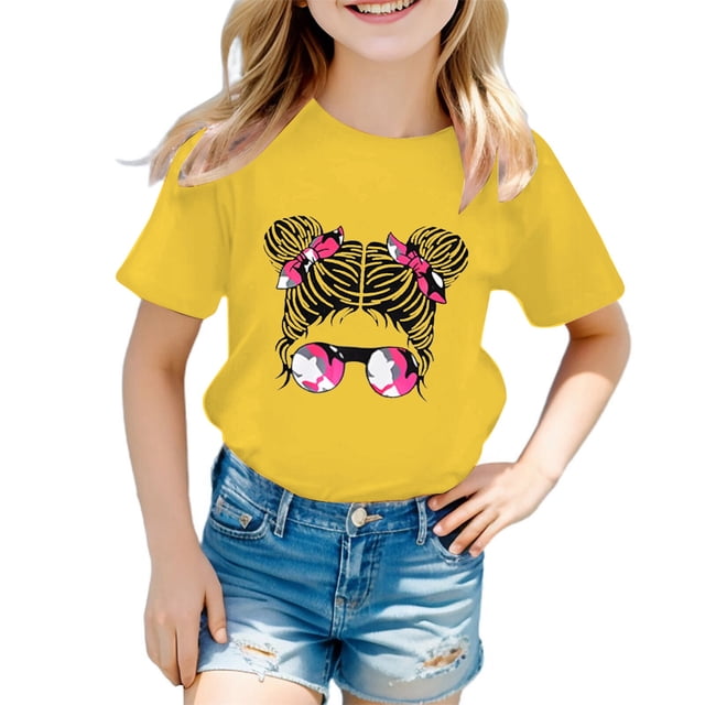 LUOGENLI T-Shirt pour Filles Enfant Filles Mignon Imprimé Graphique Col Rond Manche Courte Tee Été Décontracté Chemise Hauts Boho Maxi Hauts Jaune 7-8 Ans