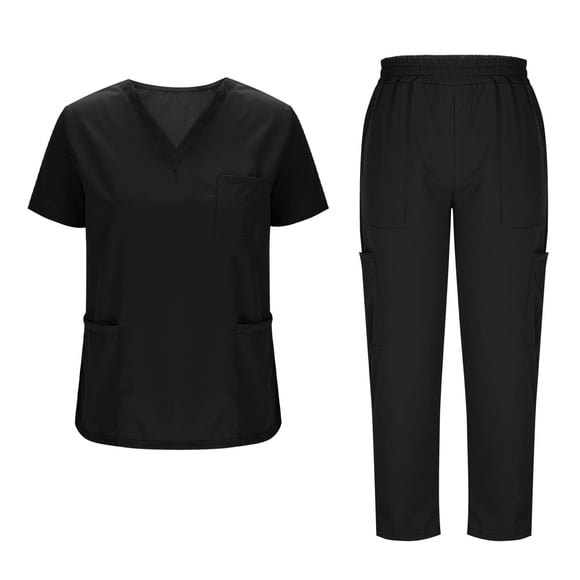 Nfurl Nursing Uniform Scrub Sets for Women with 7 Pockets Short Sleeve V Neck Scrub Tops and Straight Leg Pants Nurse Uniform Set 2 Piece Black L