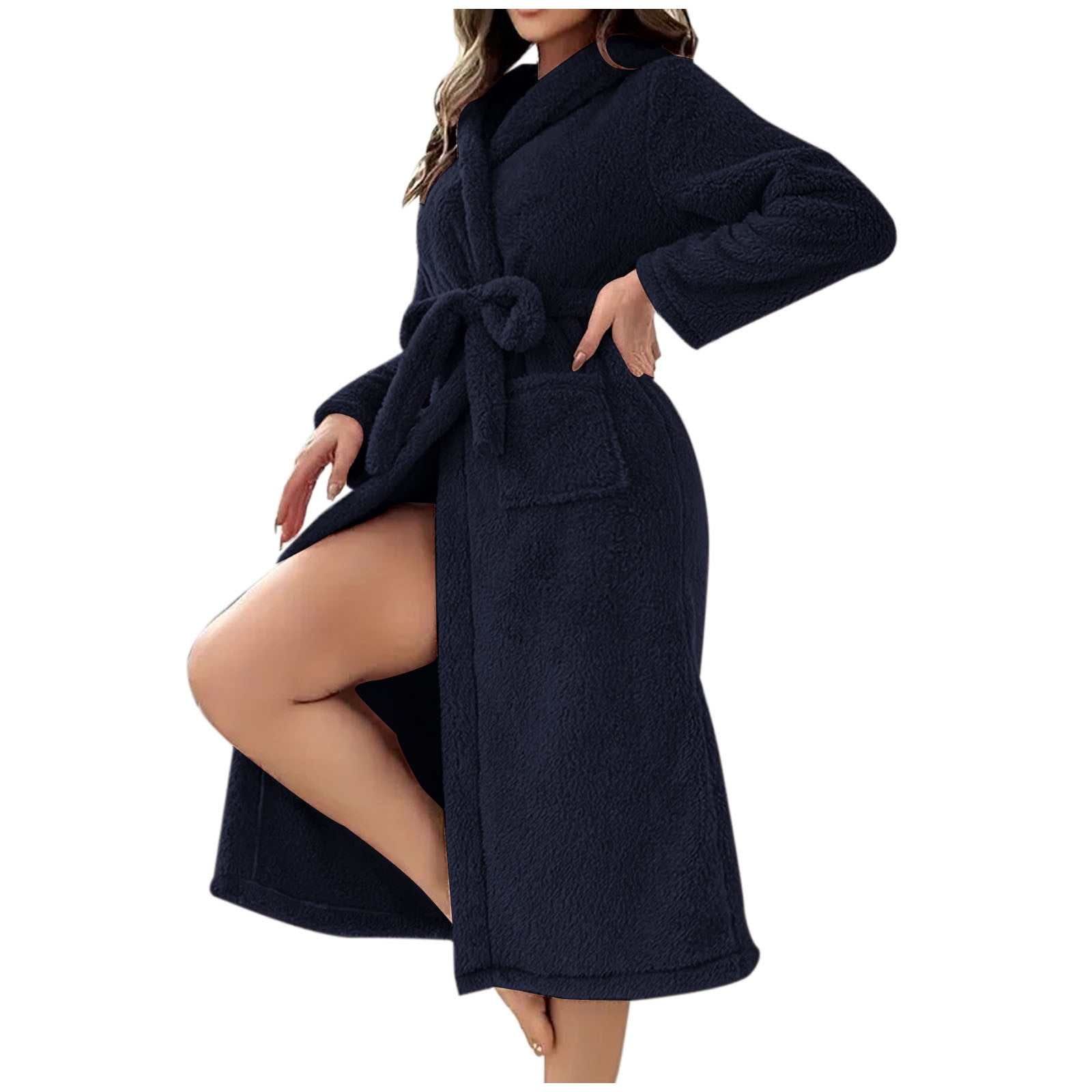 Timegard Nightgown for Women Fleece Mid Long Robe with Hood Belt Homewear Fall Winter Warm Comfy Bathrobe