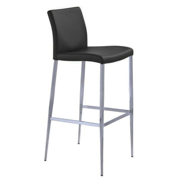Modern Black Stool With Metal Frame, Counter 26"H featuring a black cushioned seat and backrest with smooth upholstery, supported by a polished silver metal frame with four slender legs and footrest, ideal for kitchen island counters and casual seating.