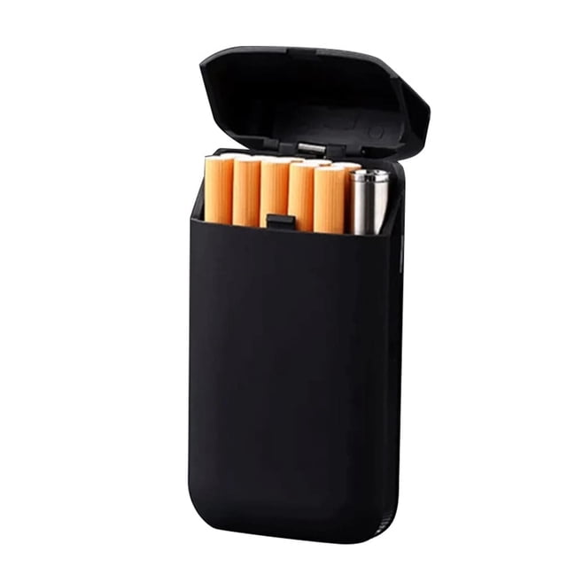 Cigarette Case, Black with Cigarette Lighter, made of plastic with a flap closure, featuring 10 cigarette pockets and a compact design measuring 115x25x58mm. Includes a portable cigarette storage box and lighter, suitable for car organization. Cigarettes not included.