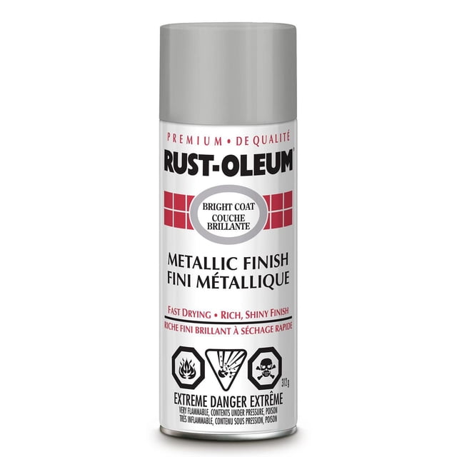 Rust-Oleum Bright Coat Interior Aerosol Spray Paint with metallic finish, silver-gray cap, white can with red and black text, fast-drying and shiny finish, 312g, for indoor use only, includes extreme danger warnings for flammability and pressure.