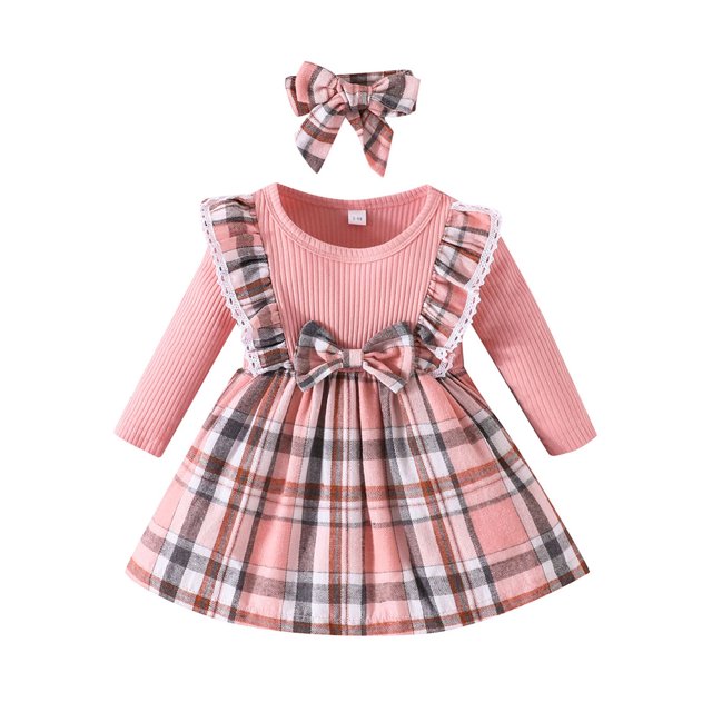 Gupgi Robe de Noël à Carreaux pour Bébé Fille Manches Longues Patchwork Robes Côtelées avec Bandeau