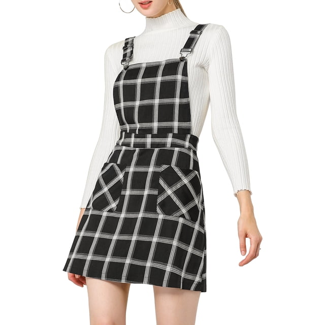 Unique Bargains Robe Salopette à Carreaux pour Femme à Bretelles Ajustables