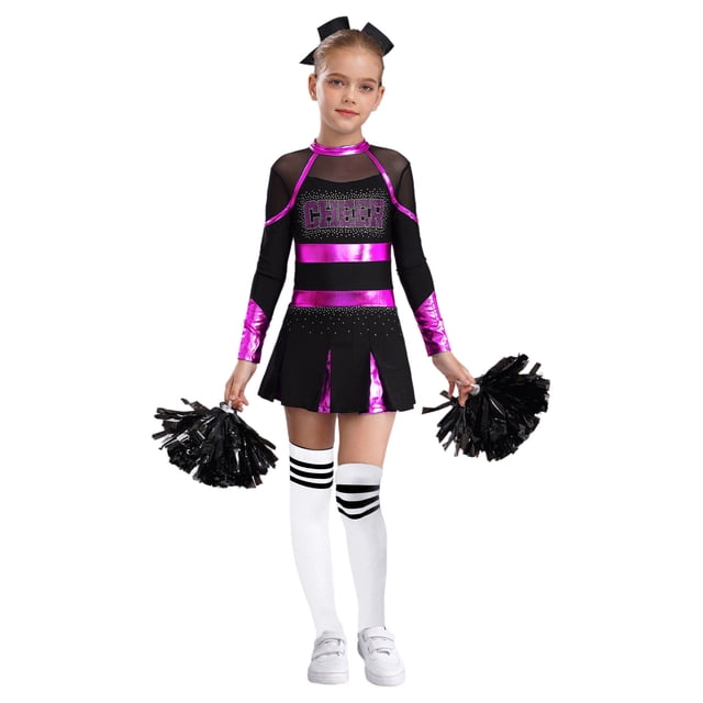 JanJean Costume de Pom-Pom Girl d'Halloween pour Filles Enfants, Uniforme de Cheerleading à Manches Longues, Robe de Danse et Ensemble de Couvre-Chef avec Pompons, Rose Vif&Blanc 8