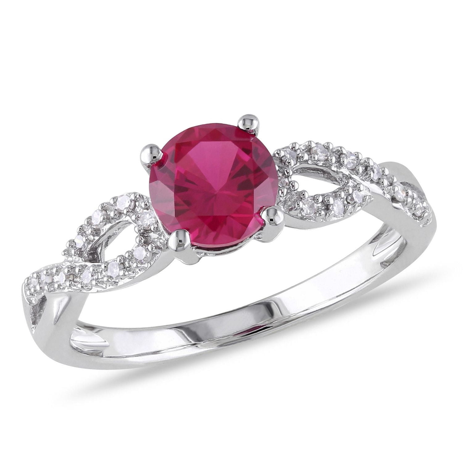 Tangelo 1 Carat T.G.W. Created Ruby And 0.10 T.W. Diamond 10 K White Gold Cross-Over Ring