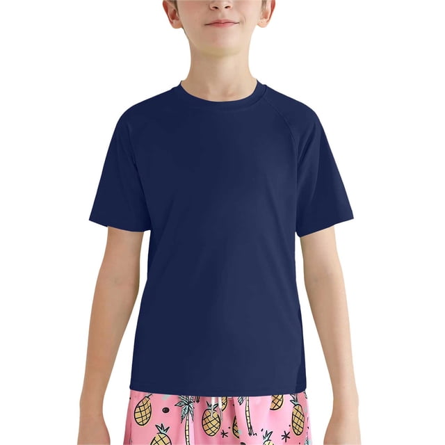 XIMIN Baby Boys Rash Guard Solid Color Shirts Short Sleeve Quick Dry Swim Shirts UPF 50+ Sun Protection for Kids Athletic Summer Shirt (5-6 Years, Navy)