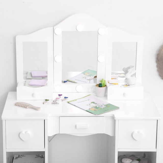 GloryStar Princess Vanity Table for Toddlers - Girls Vanity with Tri - Folding Mirror, Drawer, Kids Vanity Table,Open Storage Shelves & Makeup Playset and Chair