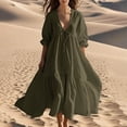 thumbnail image 1 of Pisexur Robes d'Été pour Femmes en Doux Lin-Coton Robes d'Été pour Femmes Décontractées à Col en V Manches 3/4 Robe Maxi Ample Confortable Fluide Robes pour Femmes Couleur Unie à Volants Boho Longues Robes P-2TG Vert, 1 of 5
