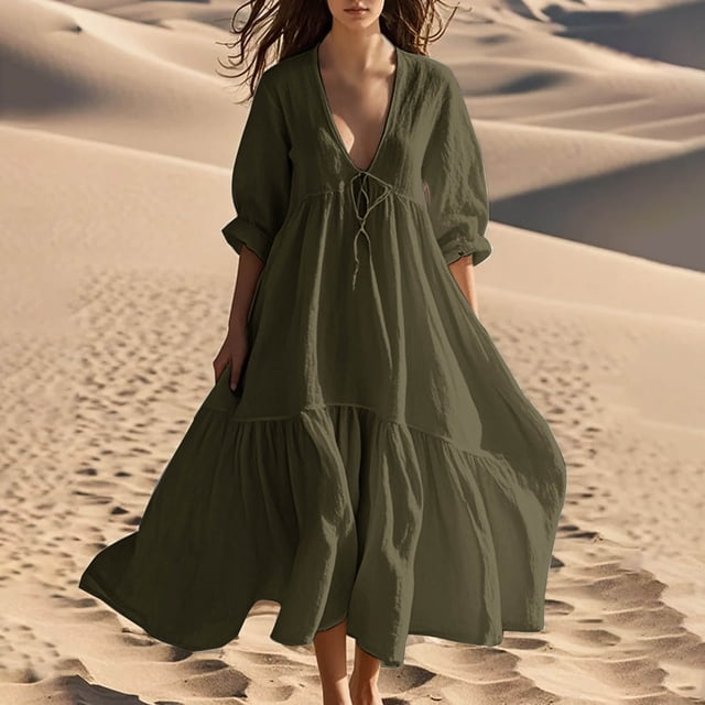 Pisexur Robes d'Été pour Femmes en Doux Lin-Coton Robes d'Été pour Femmes Décontractées à Col en V Manches 3/4 Robe Maxi Ample Confortable Fluide Robes pour Femmes Couleur Unie à Volants Boho Longues Robes P-2TG Vert
