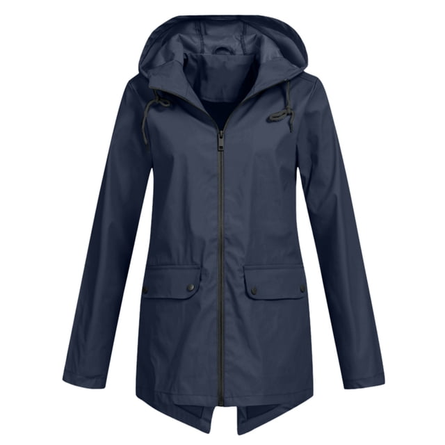 Veste Décontractée Unie pour Femme, Extérieur, Grande Taille, à Capuche, Coupe-Vent, Ample, de Couleur Bleu Marine. la Veste Présente une Fermeture Éclair avant, une Capuche à Cordon Ajustable et Deux Poches à Rabat avant avec Détails de Boutons. Fabriquée en 95 % polyester et 5 % Élasthanne, Elle Est Conçue pour le Printemps, l'Automne et l'Hiver. Convient à un Usage Décontracté, Extérieur et Quotidien.
