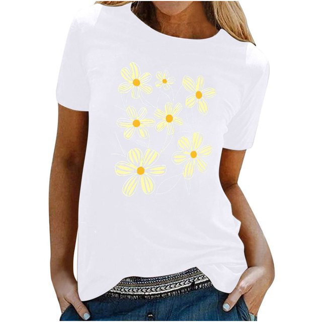 KIHOUT Nouveau Haut de Mode d'Été pour Femmes 2025, T-Shirt à Manches Courtes à Col Rond Décontracté à Imprimé Floral Blanc P