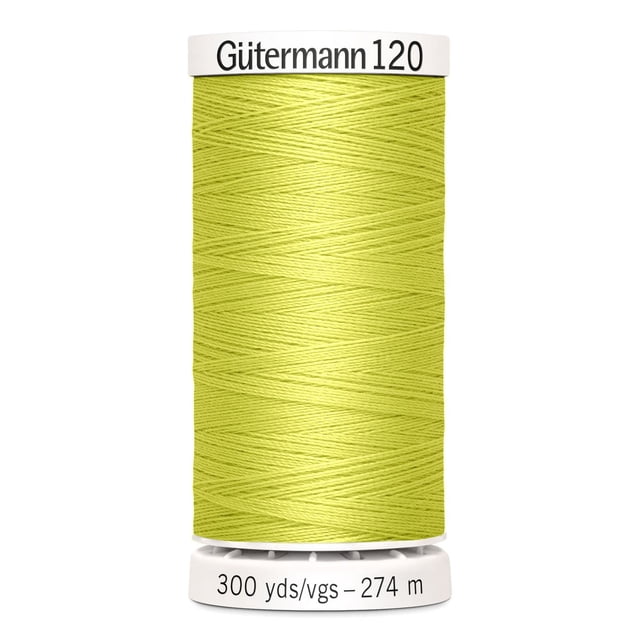 Gutermann 120 100% polyester all purpose thread spool in light green, tightly wound with 300 yards (274 meters) length, ideal for sewing woven, knit, and synthetic fabrics, also suitable for craft and DIY projects.