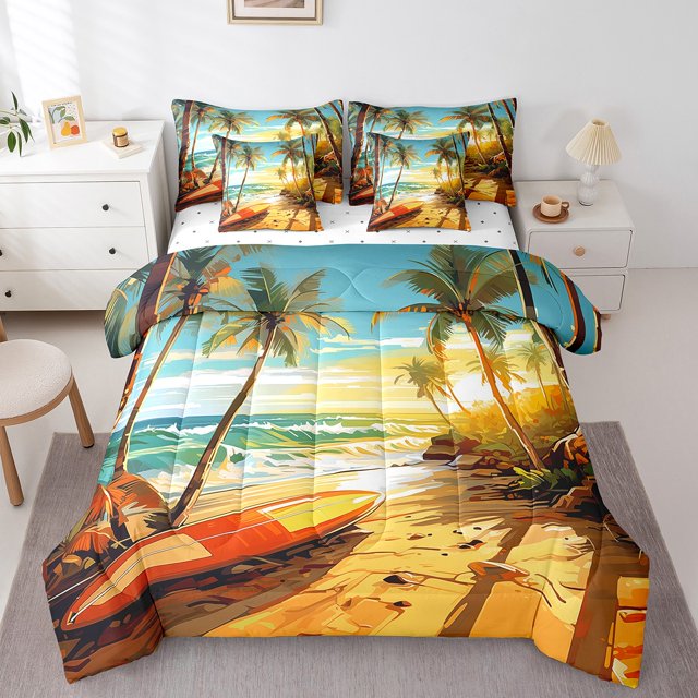 YST Hawaii Beach Bedding 7pcs Kids Summer Holiday Comforter Set, Tropical Palm Tree Bedding Accessories, Queen Size