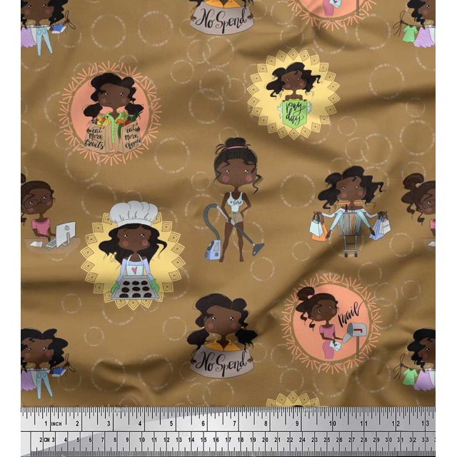 Soimoi Brown Poly Georgette Fabric Circle,Cook & Working Girl Print Fabric by the Yard 52 Inch Wide