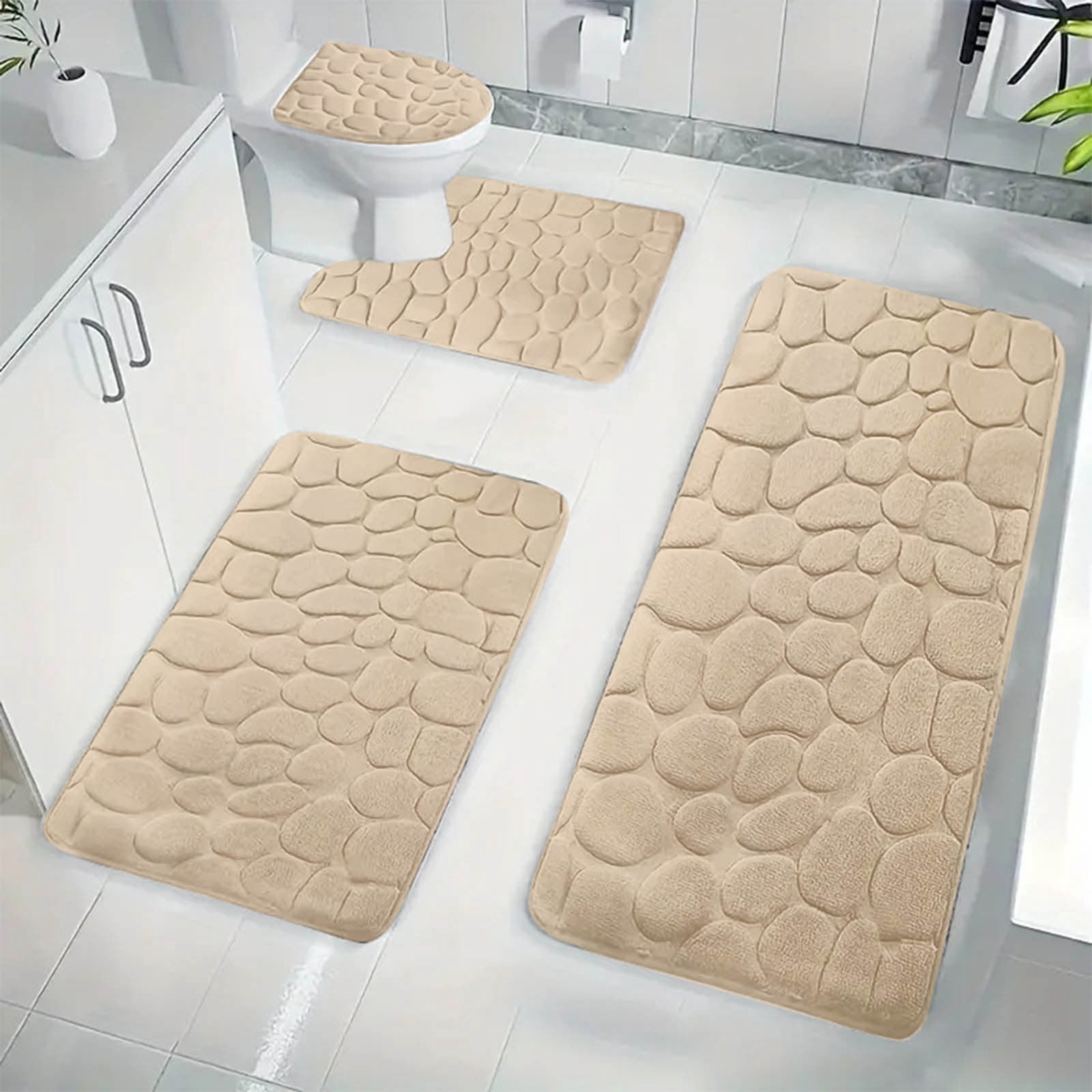 Dvkptbk Beige Bathroom Rugs Bath Mat Set 4 Pieces, Memory Foam Bath Mats for Bathroom, Non Slip Extra Soft Absorbent Bath Rugs, Machine Washable & Dry Toilet Shower Mat Bathroom Set