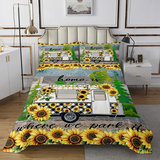 Erosebridal RV Car Coverlet Set King, Vibrant Sunflower Bedding Set, Happy Camping Decor, 3pcs