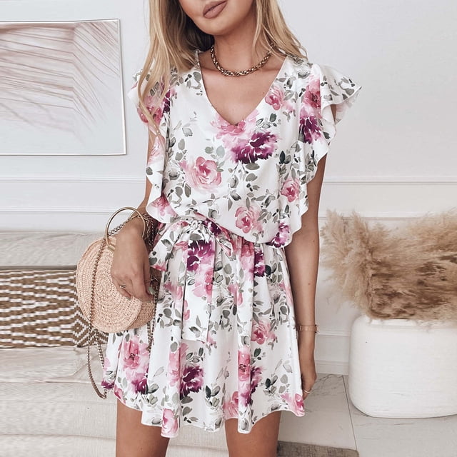 SMihono Robes Bohèmes d'Été pour Femmes Tailles Plus Décontractées à Col en V Papillon à Manches Courtes à Imprimé Floral Mini Robes