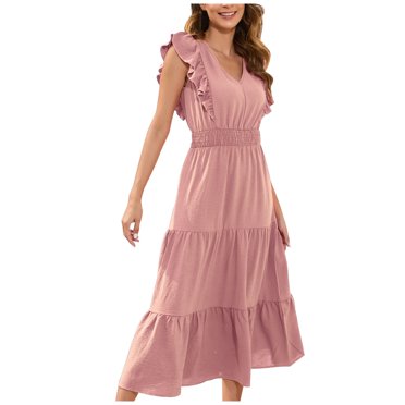 Cameland Womens Fashion Summer V-Neck Casual Solid Short Sleeve Vacation Club Long Sun Dress