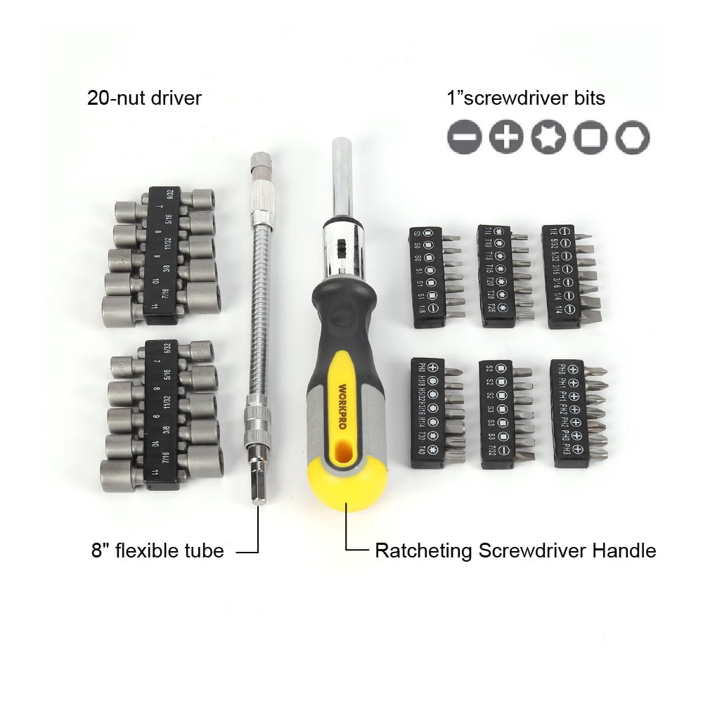 Ensemble de tournevis à cliquet WorkPro - tournevis multi-bits, tournevis de 64 pièces, écrous et embout
