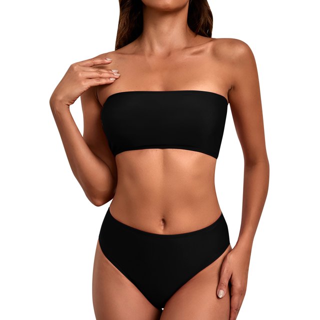 Maillot de Bain 2 Pcs pour Femmes, Haut de Poitrine Bikini Multicolore, Noir P-TG