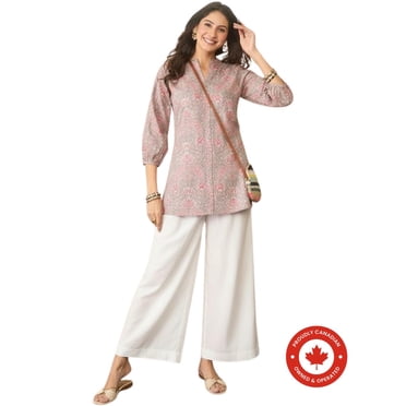 DWEEP SARA Women’s Grey & Pink Cotton Blend Floral Printed Straight Short Kurti / Top with Mandarin Collar, XXL/44
