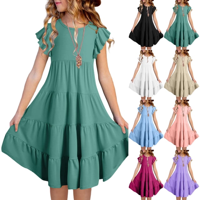 Milgrthf Robes Filles Enfants Été Robe à Manches à Volants à Double Couche 6-12 Ans Bordeaux