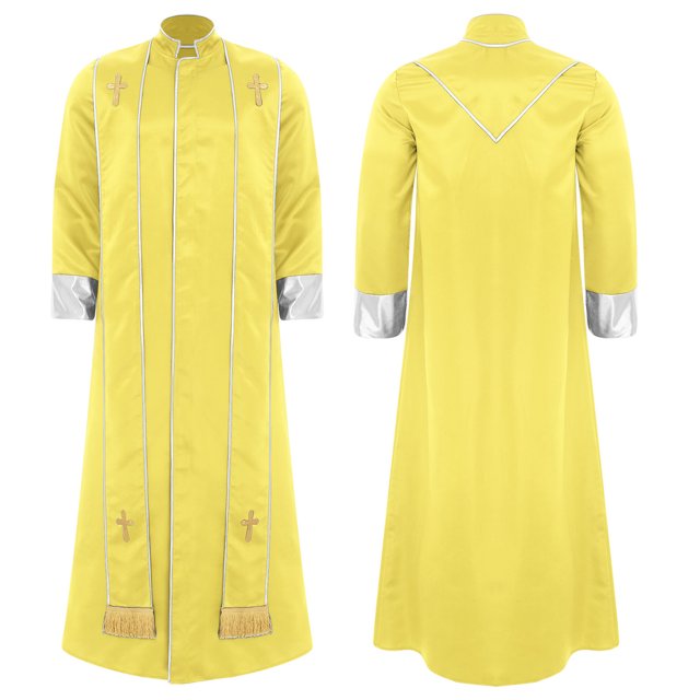Moggemol Robe de Clergé d'Église pour Homme avec Étole Costume de Prêtre pour Jeu de Rôle Manches Longues Croix Dorée Soutane Jaune P
