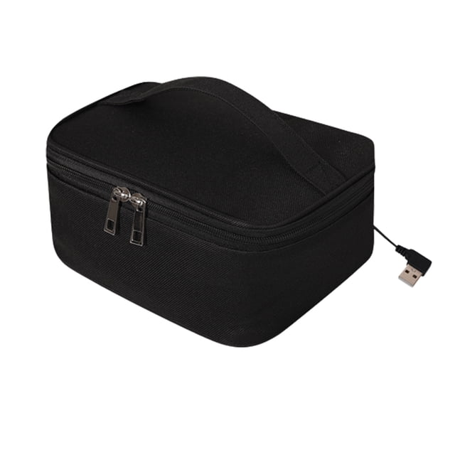 Rewenti Clearance Portable Food Warmer Lunch Box, a compact black and gray heated lunch bag with a polyester exterior and soft aluminum insulation lining. Features a double zipper closure, a side pocket for small items, and a USB power cord for heating meals. Ideal as an insulated food warmer for car or office use. Dimensions are 21x16x8cm.