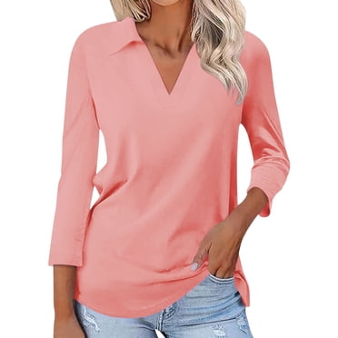 WTXUE T-Shirts Long Sleeve, Crew Neck Shirts for Women's 3/4 Sleeve T Shirts Summer V-Neck shirt Cotton Solid, Tees Linen Shirts Casual Tops for Women Watermelon Red M