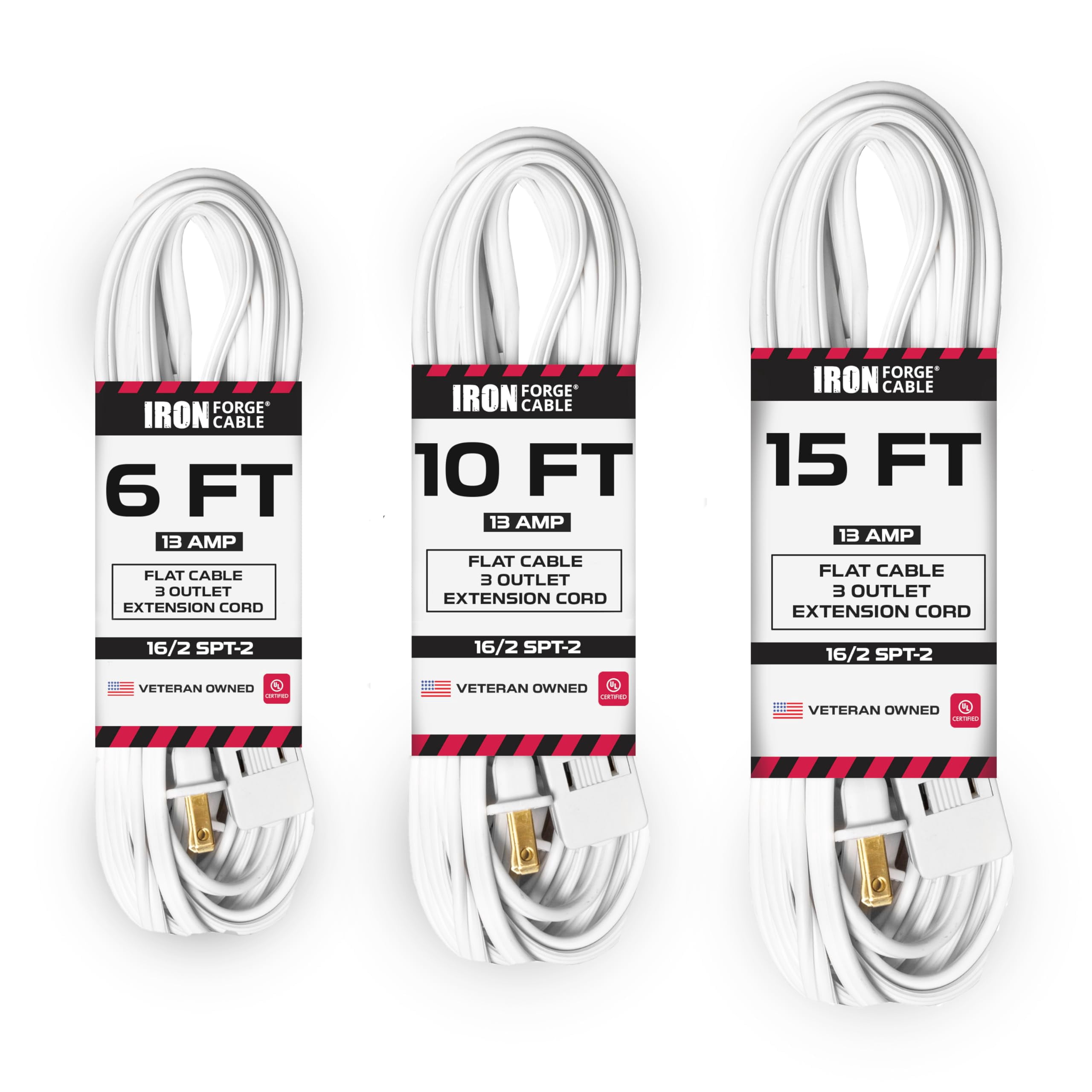 Iron Forge Cable White Extension Cord with 3 Outlets, 3 Pack of 6ft, 10ft, & 15ft - 16/2 SJTW 2 Prong Indoor Extension Cord with Multiple Outlets