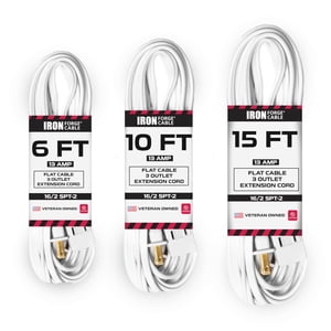 Iron Forge Cable White Extension Cord with 3 Outlets, 3 Pack of 6ft, 10ft, & 15ft - 16/2 SJTW 2 Prong Indoor Extension Cord with Multiple Outlets
