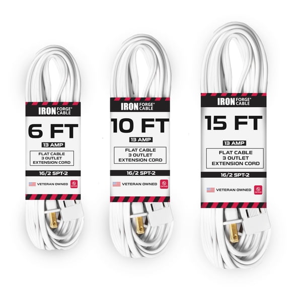 Iron Forge Cable White Extension Cord with 3 Outlets, 3 Pack of 6ft, 10ft, & 15ft - 16/2 SJTW 2 Prong Indoor Extension Cord with Multiple Outlets