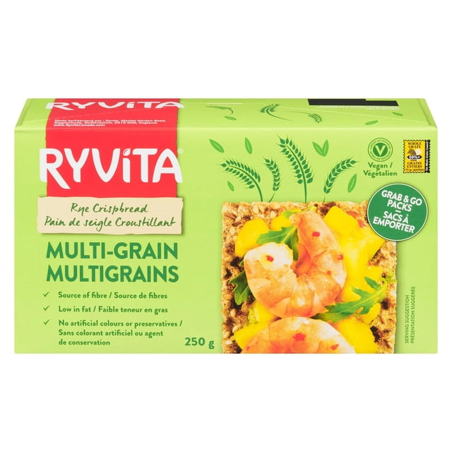 E-RYVITA RYVITA MULTI-GRAIN whole grain rye crispbread box in green packaging with red Ryvita logo, featuring a close-up of a multigrain crispbread topped with shrimp and greens, highlighting its source of fibre, low fat snack qualities, and no artificial colours or preservatives, 250 g grab and go pack suitable for balanced diets.