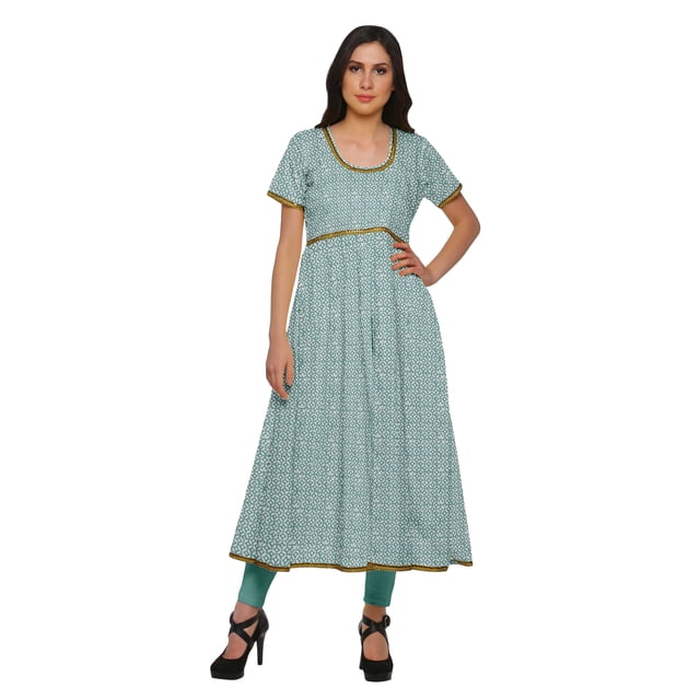Moomaya Longues Robes Tuniques en Coton Imprimé à Manches Courtes avec Fente avant pour Femmes