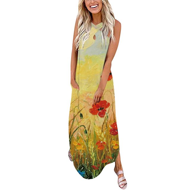Robes for Femmes Courbes Summer Conception Robe Décontractée Progressive Cou Sans Manches Suspendu V-Cou Robe Longue Robes for Femmes 2023 Décontracté sur Clearance