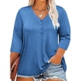 thumbnail image 1 of Jsaierl Womens Solid Color Loose Plus Size Tops 3/4 Sleeve V Neck Casual Blouses Basic Lightweight Simple Shirts, 1 of 9