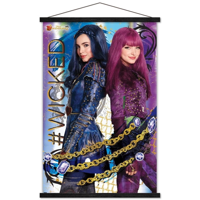 Disney Descendants 2 - Wicked Affiche Murale, 14,725 Po x 22,375 Po Encadrée avec Deux Personnages en Vestes de Cuir Bleues et Violettes Cloutées, Debout l'Un derrière l'Autre avec Chaîne Dorée et accents de Pierres Précieuses sur un Fond Abstrait vibrant avec Texte #Wicked, Convient comme art Mural pour Chambre Ou Dortoir.