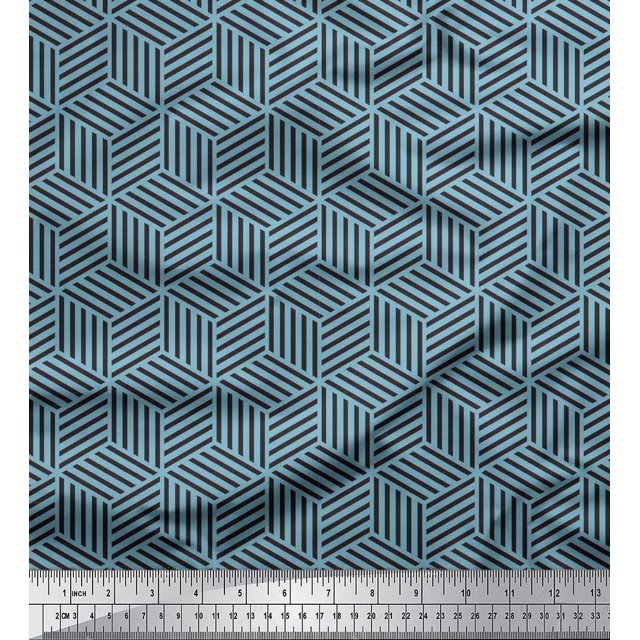Soimoi Tissu Bleu Poly Georgette Labyrinthe Cube Géométrique Imprimés au Mètre 42 Pouces de Large
