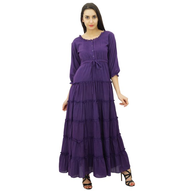 Bimba Robe Maxi d'Été en Coton à Manches 3/4 pour Femme, Taille à Cordon