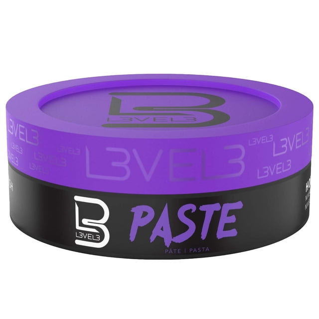 L3 Level 3 Paste for men's grooming and hair care, offering a matte finish and long-lasting hold, packaged in a purple and black container with bold branding. Infused with keratin to improve hair strength, volume, and protect against damage. Contains 150 ml.
